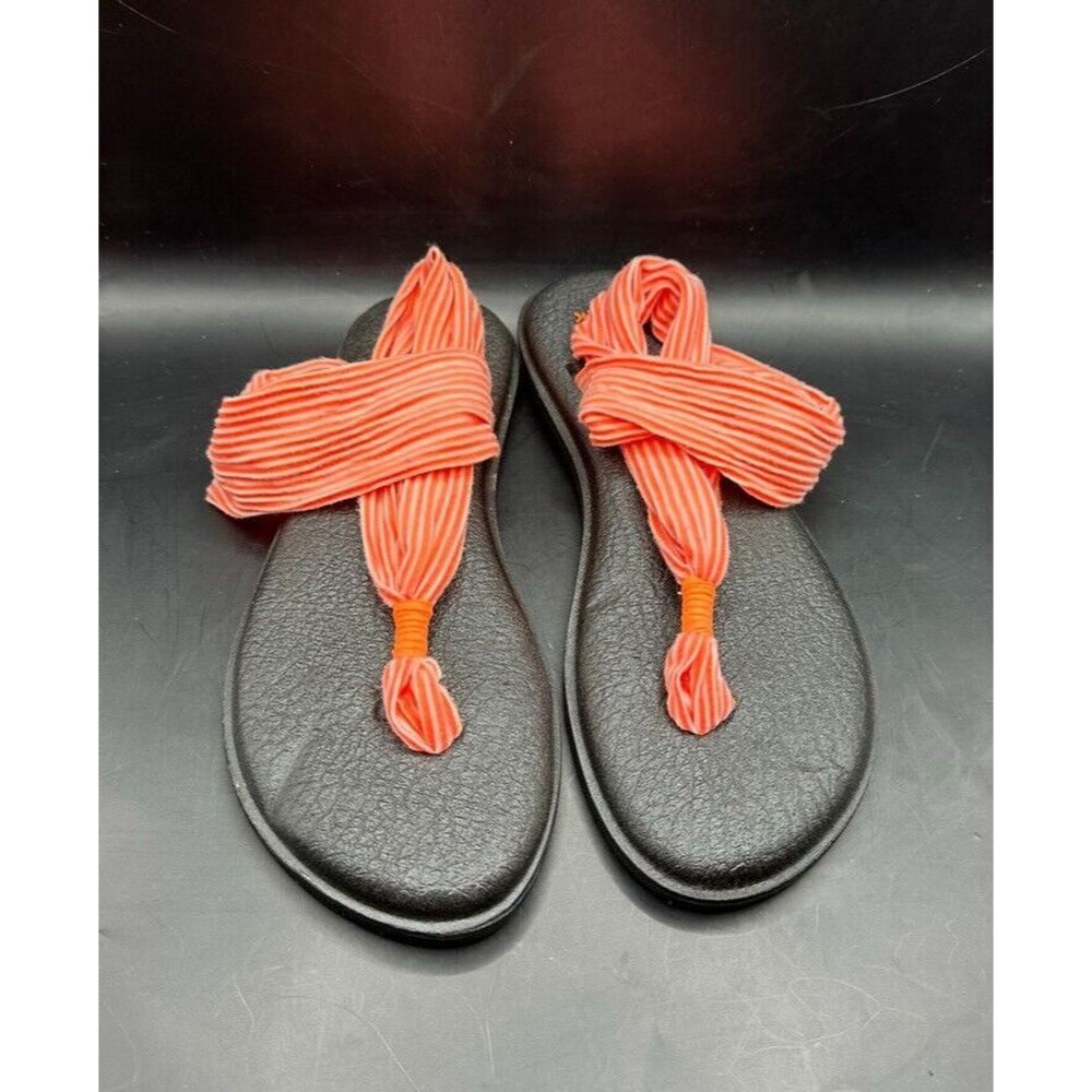 Sanuk Yoga Sling Women 7 Orange White Stripe Fabric Slingback Sandals Summer